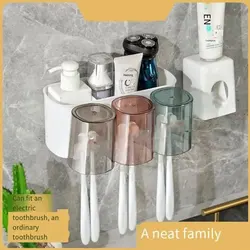 Wall Mounted Toothbrush Holder with Cup Automatic Toothpaste Squeezer Dispenser Suction Cup Bathroom Storage Rack Box for Family