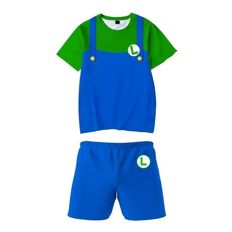 Um Conjunto Estiloso de Camiseta de Manga Curta e Shorts Impressos em 3D com Temática de Jogos do Mario para Jovens Estudantes do Ensino Fundamental e Médio
