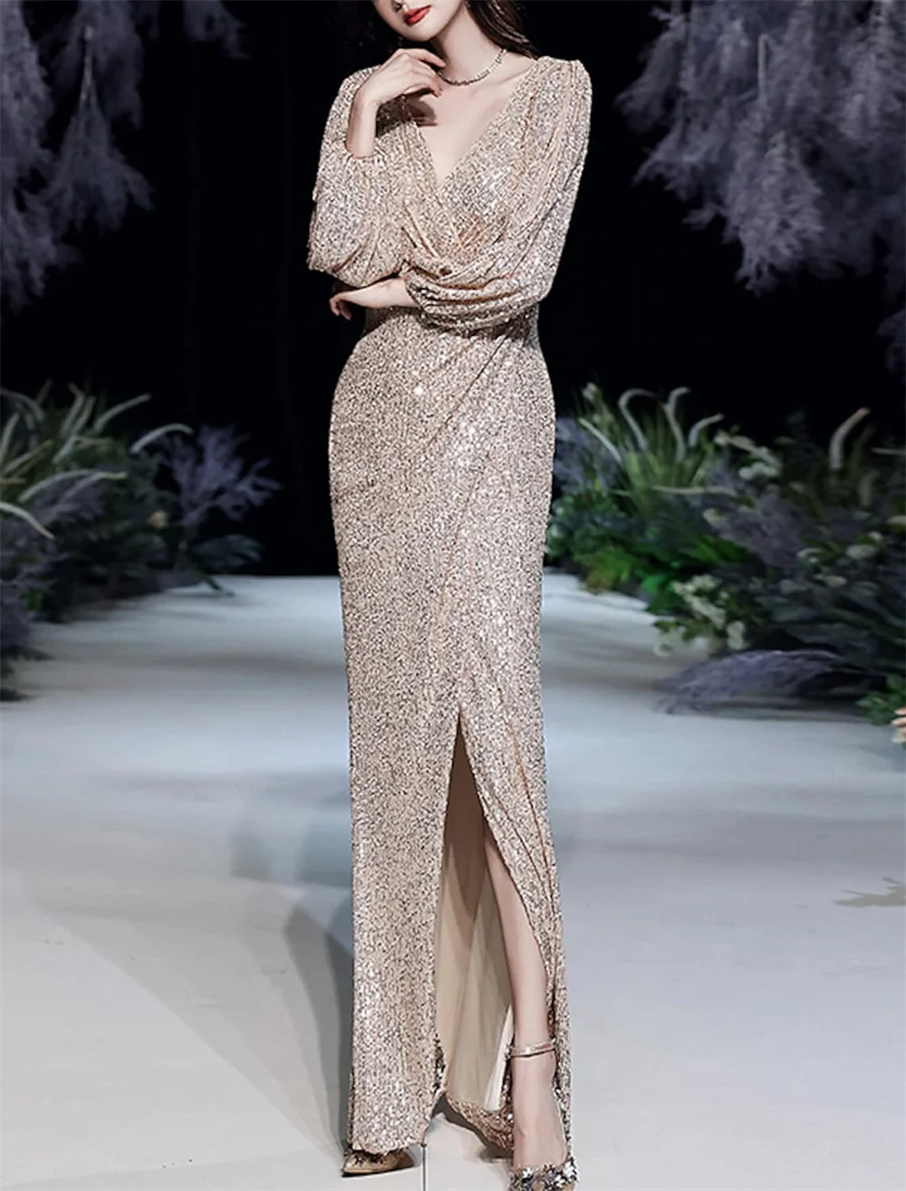 Robe de soirée élégante en forme de sirène, modèle 2022, forme trompette, col en V, manches longues, longueur au sol, paillettes, paillettes, fente latérale