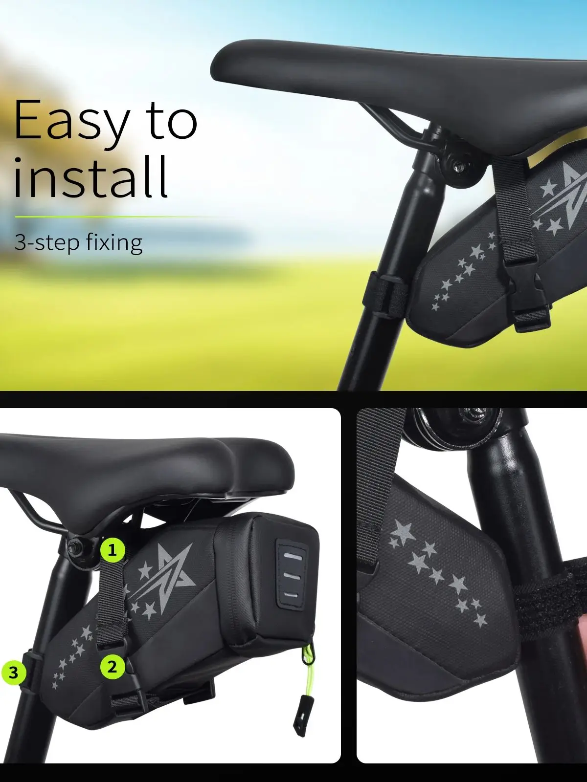 AliExpress Bolovansan 26 Models of Tail Bags, Bicycle Saddle Bags, 1.5L Reflective Bicycle Saddle Bags under the Seat, Strap-On Bicycle Wedge-Shaped Saddle Bags, Black