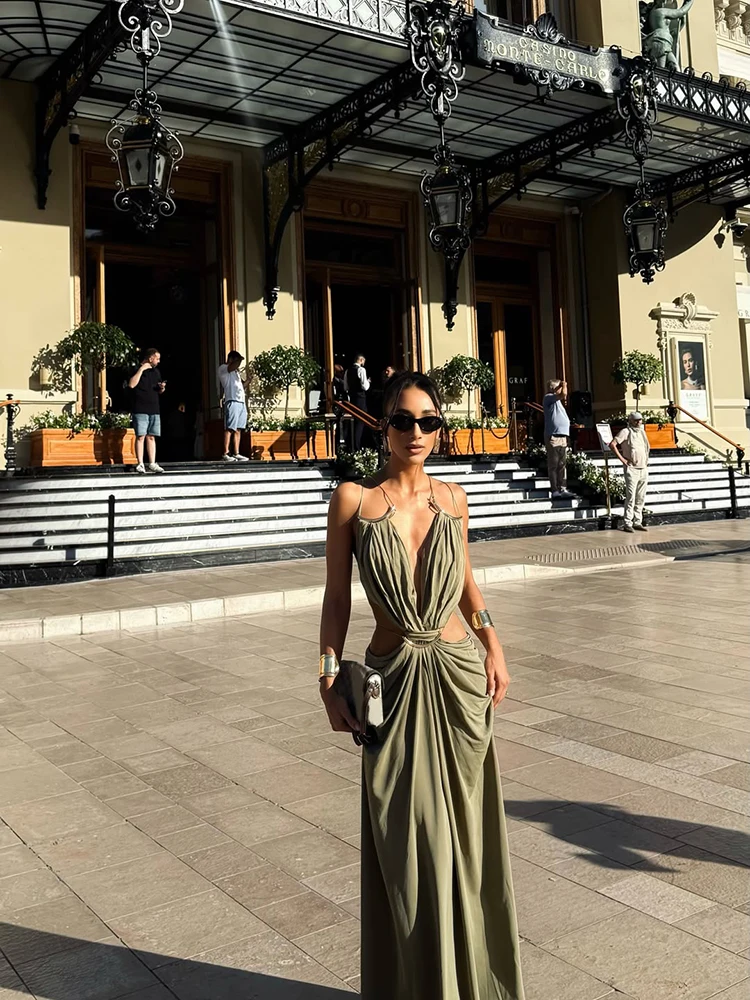 Elegant Womne's Long Evening Gown Deep V Neck Hollow Out Backless Maxi Dress Metal Buckle Straps Summer Lady Club Party Dresses