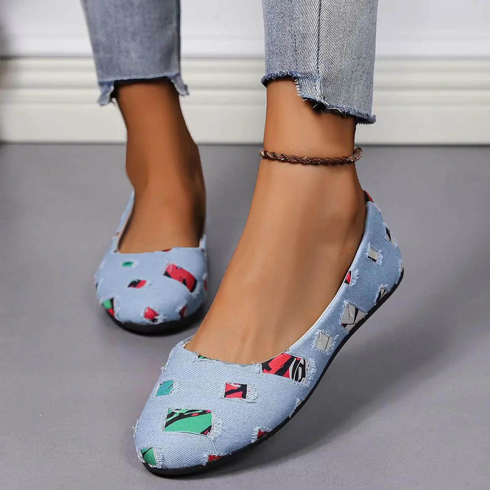 Women Loafers 2024 New Mixed Colors Patchwork Denim Breathable Shoes Ballerina Moccasins Casual Round Toe Slip On Shallow Shoes