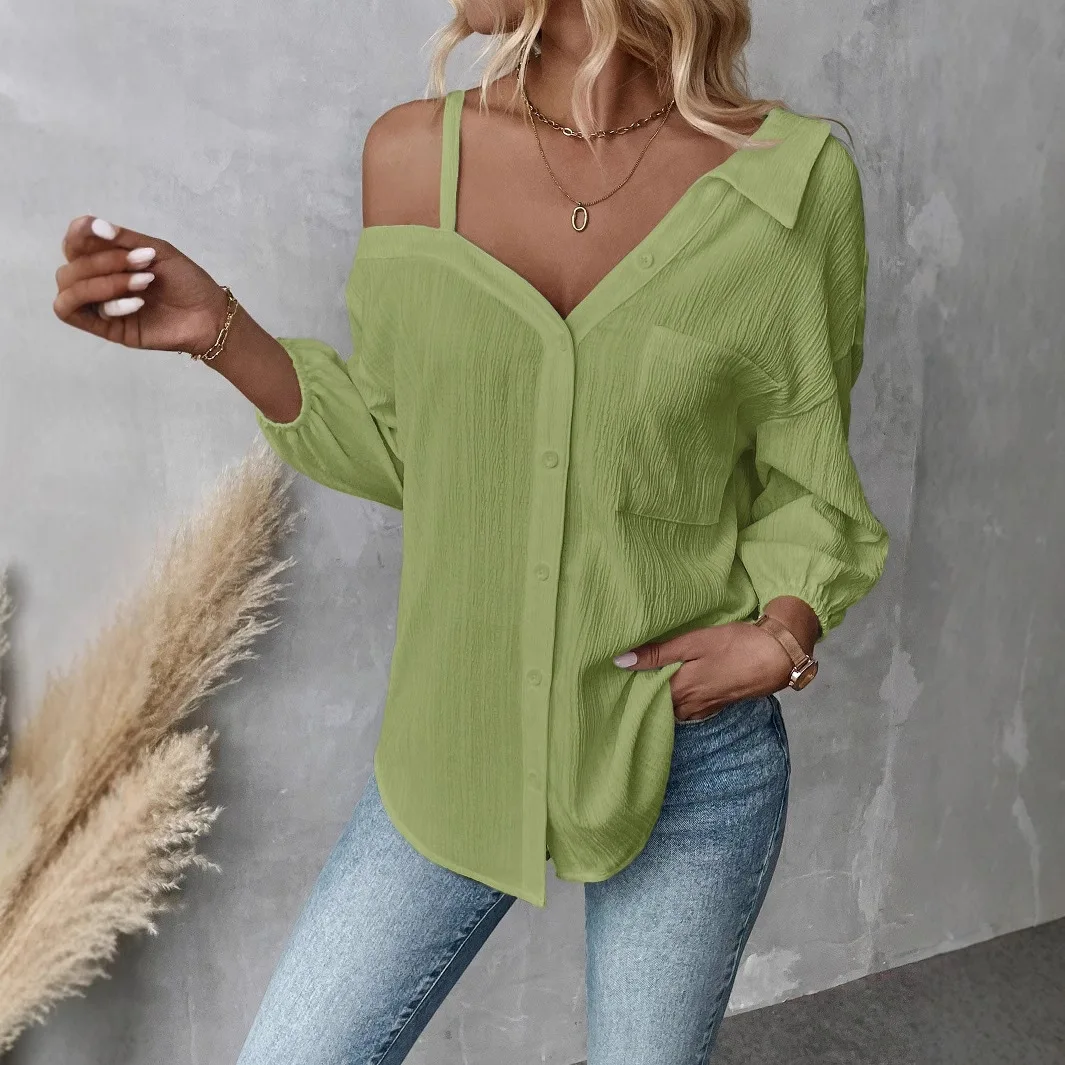 

Fashion Solid Color Lace-off Shoulder Top Button Shirt Women 2025 Summer Casual Slanted Neckline Pocket Shirt For Women