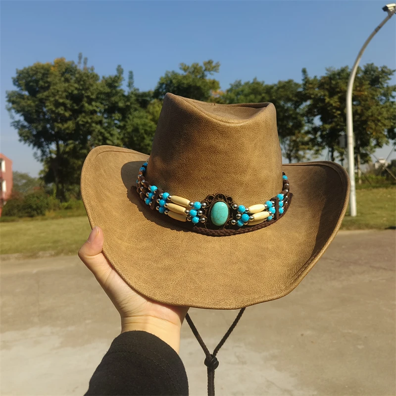 Western Cowboy Hats Ethnic Leather Belt PU Leather cowboy Hat For Men Women Hats Windproof vintage caps sombrero vaquero hombre