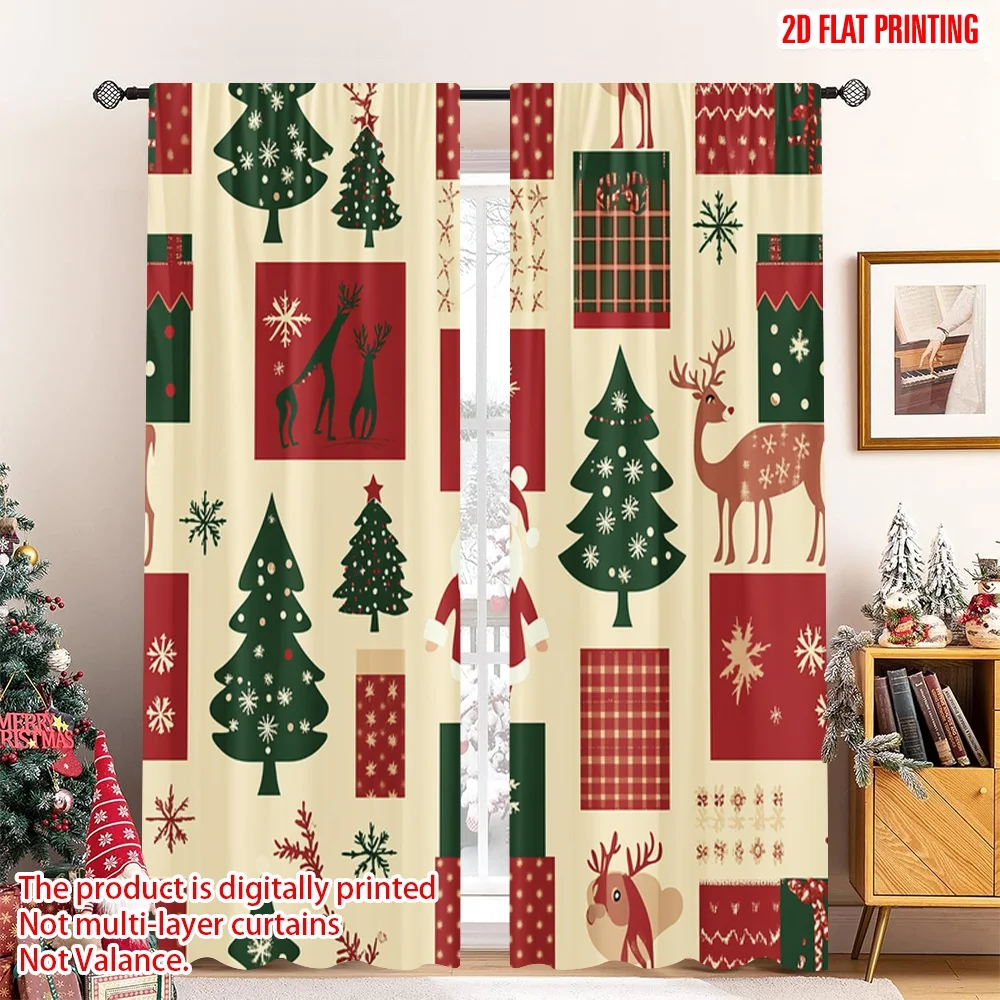 

2pcs 2D flat printing Christmas Drapes Christmas Tree Snowflakes Santa (2) Fabric Without Electricity Festive Curtains for Yard
