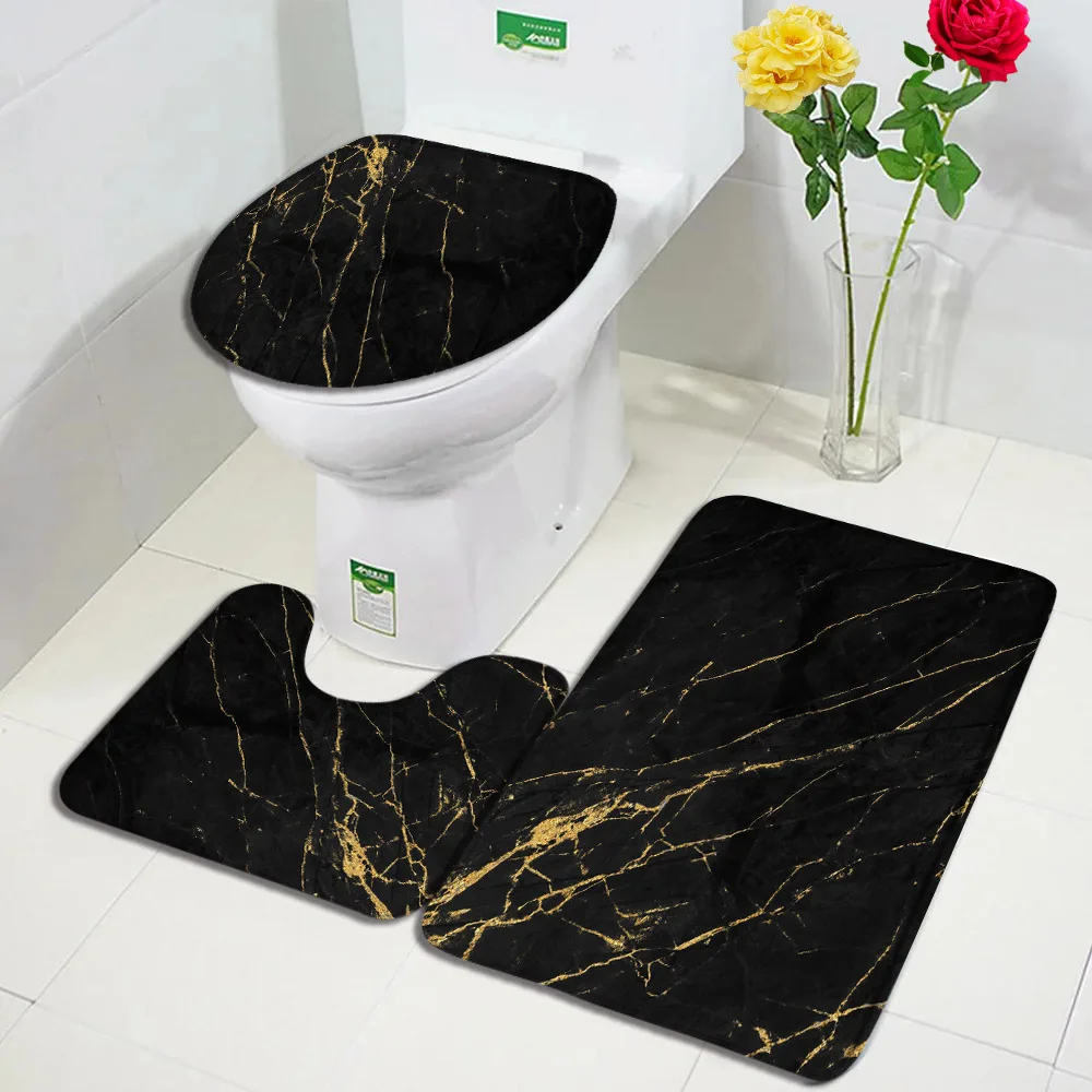 Abstract Black Bath Mat Set Gold Lines Textured Modern Art Geometric Carpet Bathroom Decor Non-slip Floor Rugs Toilet Lid Cover