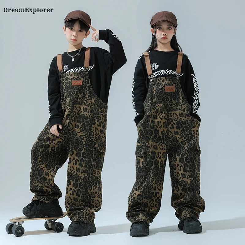 Girls Hip Hop Leopard Print Overalls Boys Baggy Pants Dungaree Trousers Kids Jumpsuit Street Dance Wear Romper Child Streetwear