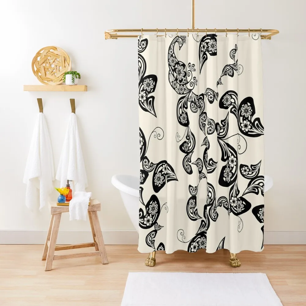 

Elegant Vintage Black Boho Floral Paisley Peacock On Ivory  fatfatin Shower Curtain Cover Curtain