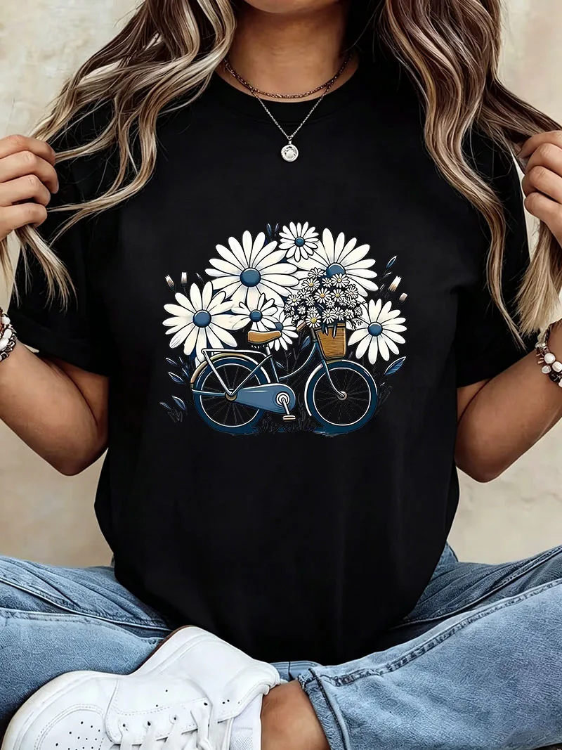 Retro Bicycle with Flower Women's T Shirt Casual Short Sleeved O Neck T-shirt Spring/summer Top Tee Graphic Shirt Woman Girls