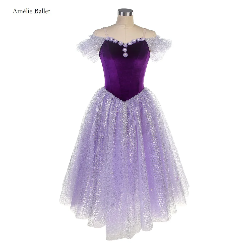 オフショルダーピンクベルベットボディスロマンチックチュチュフラワー装飾付きガールズ＆ウィメンズダンスコスチュームダンスドレス15色