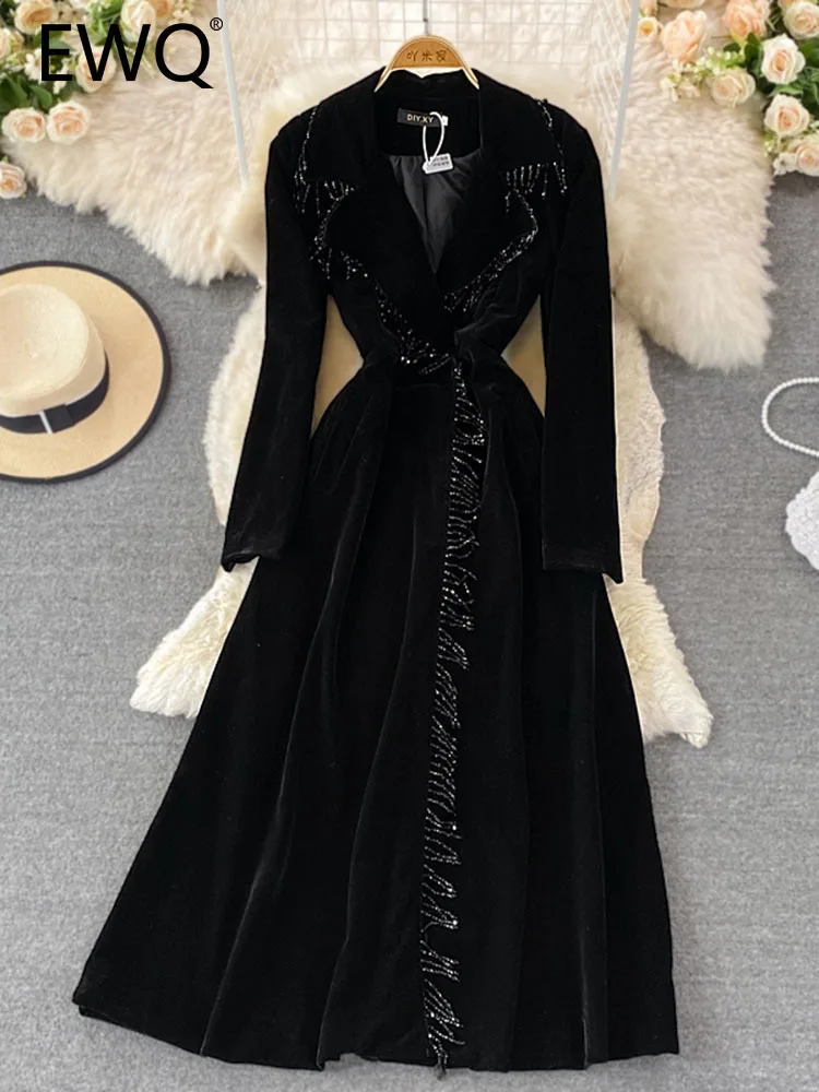 EWQ Sweet Style Women's Velvet Solid Color Tassel Patchwork Notched Solid Color High Waist Dress 2023 Autumn New Dresses SN3866