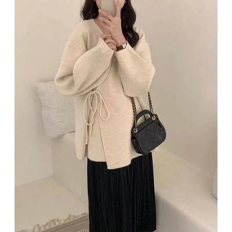 High quality and temperament sweater cardigan women clothing 2023 autumn/winter diagonal placket tied knit cardigan female