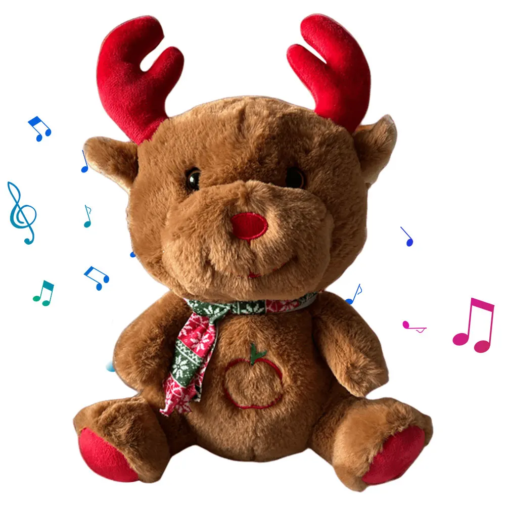 Christmas Elk Plush Stuffed Animal with Music Lights Rhythmic Breathing Motion Baby Sleeping Companion Comfort Doll for Newborns