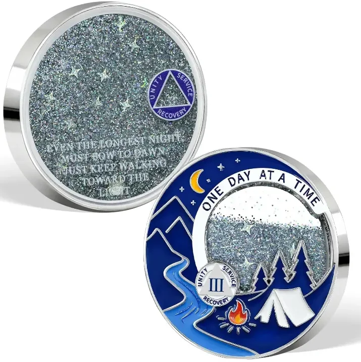 Through Darkness Flowing Glitter Sobriety Coin - One Day at A Time AA Coins 3D Addiction Recovery NA AA Chips and Medallions - 1-3 Years Living Clean Silver Alcoholics Anonymous Gifts for Men Women