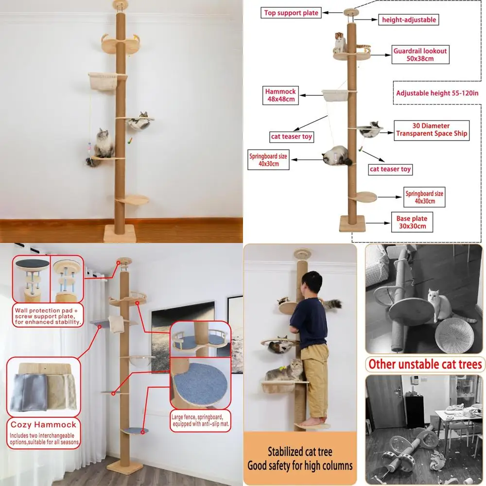 

Регулируемая 5-уровневая башня для кошек с диапазоном высоты 50–120 дюймов, прочная когтеточка из конопли для кошек