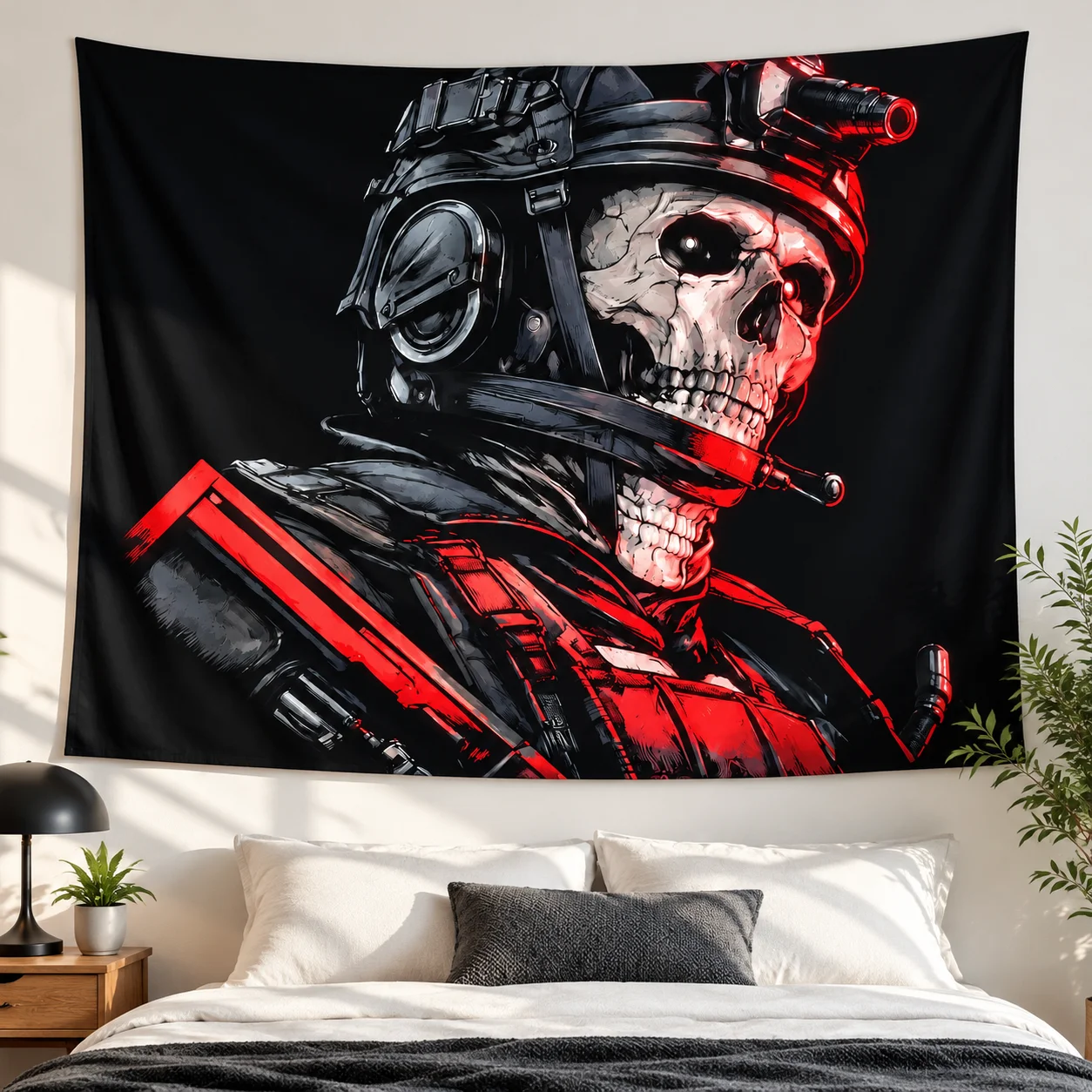 Gaming Character Tapestry, Skull Mask & Tactical Gear with Red Highlights, Wall Hanging Decor, Great Holiday Gift for Home