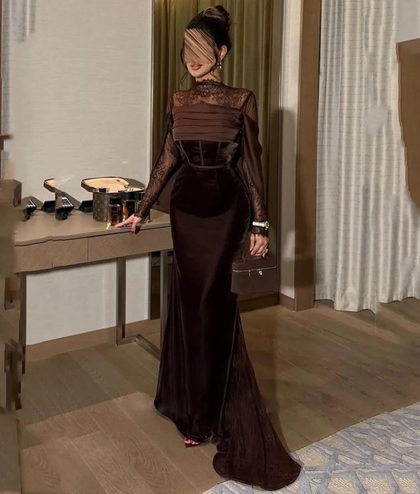 Customized Graceful Velvet Mermaid Lace Evening Dress Temperament High Collar Long Sleeves Floor Length Bespoke Occasion Gowns