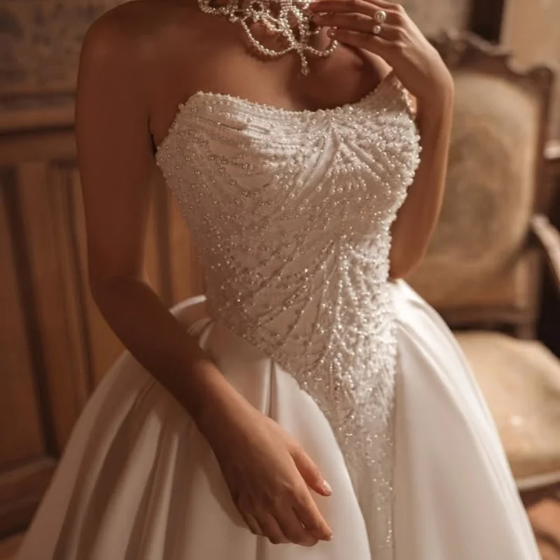 

Satin white Wedding Dresses off-shoulder A skirt Pearl jewelry decal luxury Long tail Bridal Gowns Made Customized