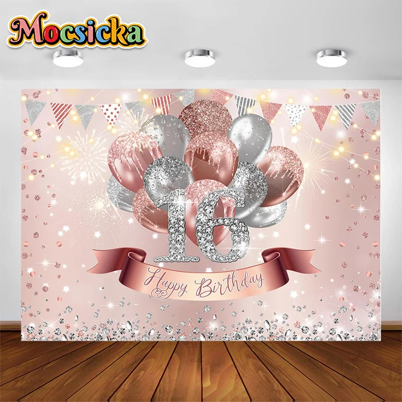 

MOCSCIKA 16th Birthday Photograph Backdrop Balloons Glitter Party Decoration Props Adult Portrait Photographic Studio