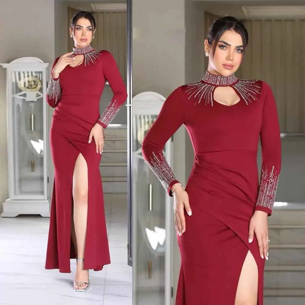 تخصيص الديكور Bodycon مساء اللباس ثقب المفتاح الرقبة طويلة الأكمام ثوب مسائي الجانب سبليت pla enteееееееее