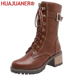 HUAJUANER 2026 Big Size 45 Autumn Winter Shoes High Quality Leather Boots Women Fashion non-slip Shoelaces Motorcycles Boots