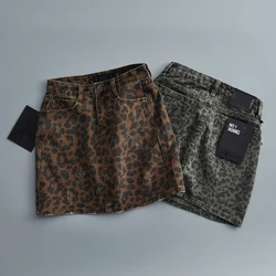 High waisted mini skirts for women korean fashion leopard skirts womens 2024 Summer denim skirt green vintage jean skirt ripped