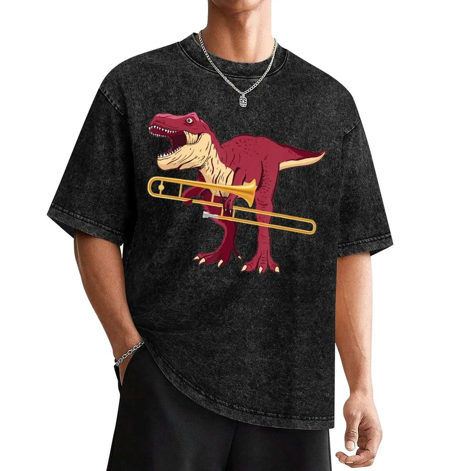 

TRex Dinosaur Trombone T-Shirt korean fashion anime clothes summer clothes t shirt men 100℅ cotton