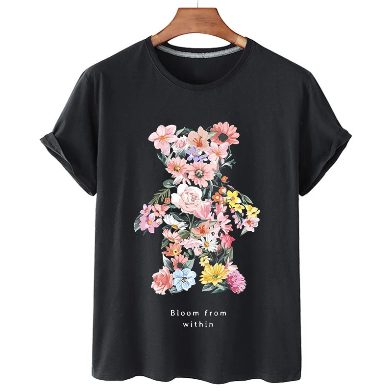 100% Cotton Bear Print Shirt Short Sleeve O Neck Loose T Shirt Women's Summer Casual Top T Shirt Men's and Women's S-4XL