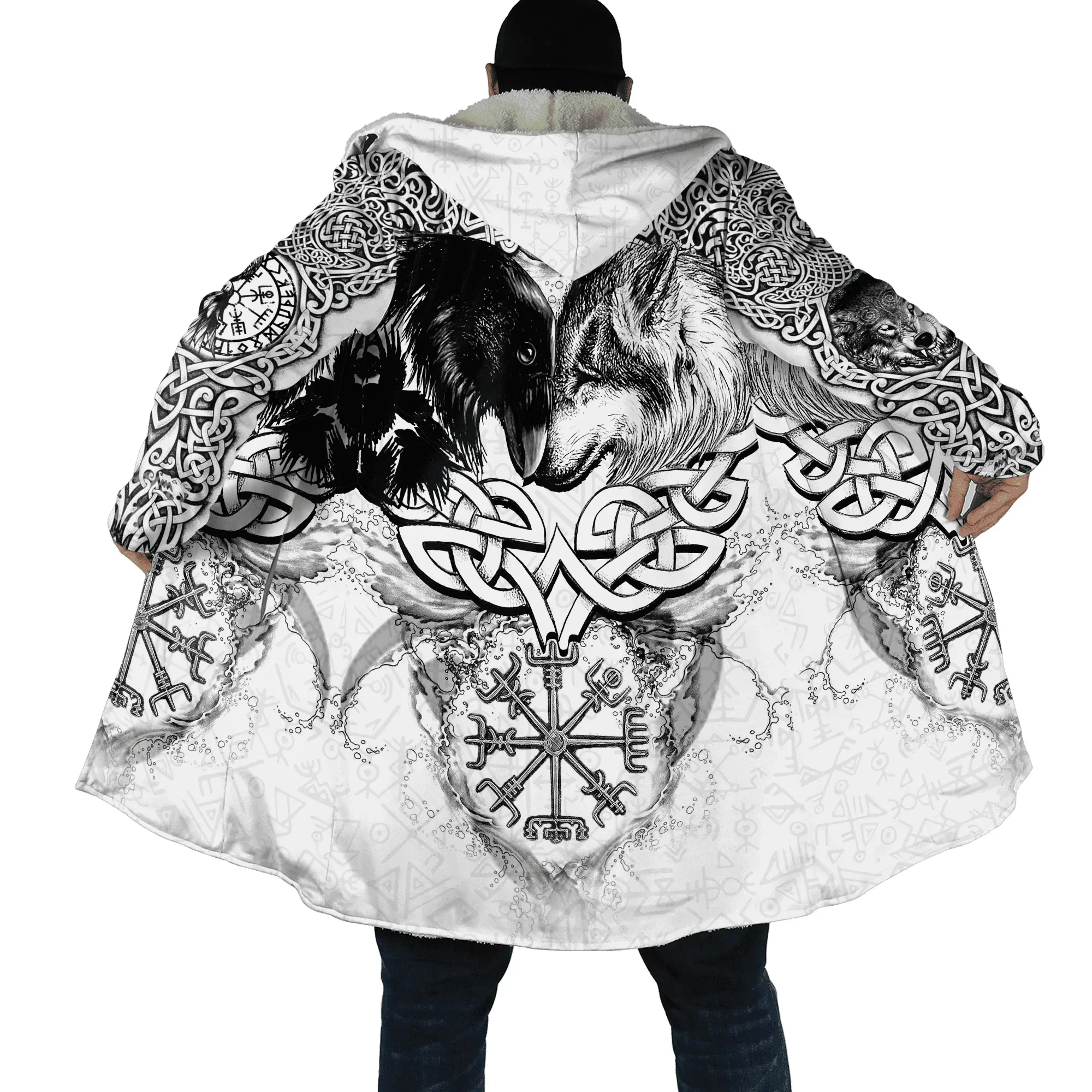 

New Winter Men's Hooded Cloak Pirate Odin Crow Wolf Tattoo 3D Full Print Wool Hooded Cloak Unisex Casual Thick Warm Cloak Coat