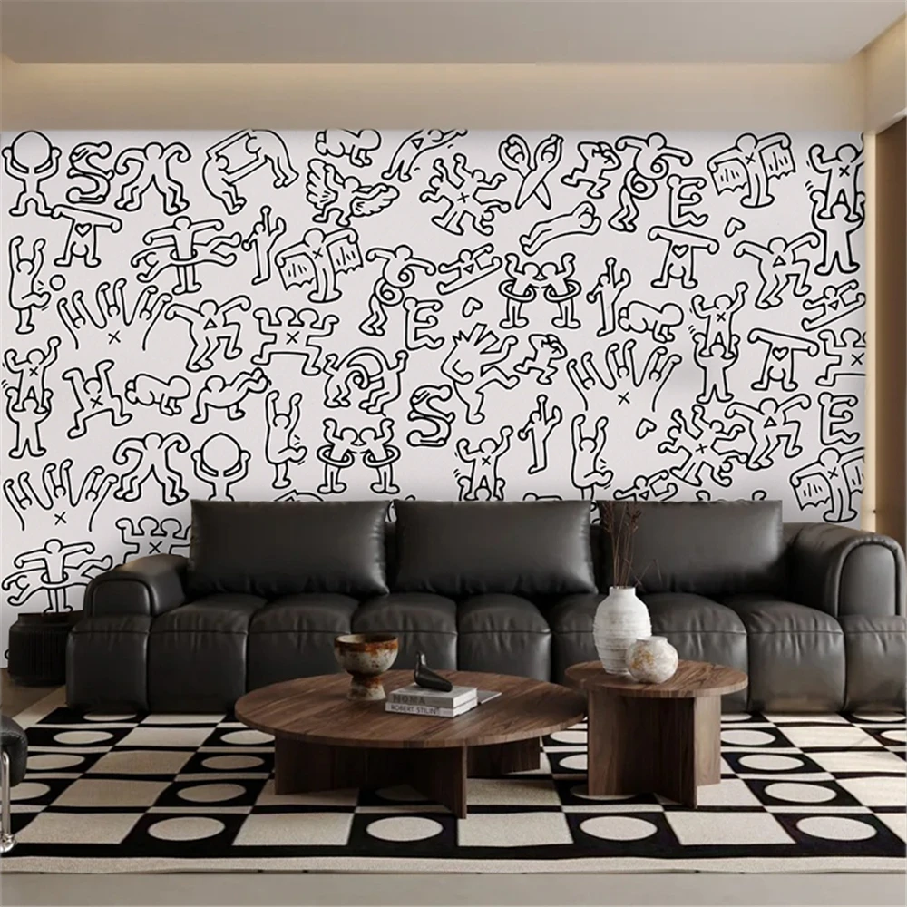 Custom Nordic abstract simple black and white line face wallpaper restaurant sofa art wall covering 3d wallpapers living room