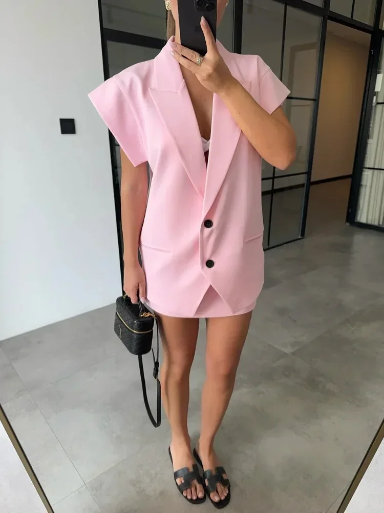 Elegant Sleeveless V-neck Blazer Set 2025 Trendy Oversized Wide Broad Coat High Waist Mini Skirt Suit Chic Office Commute Outfit