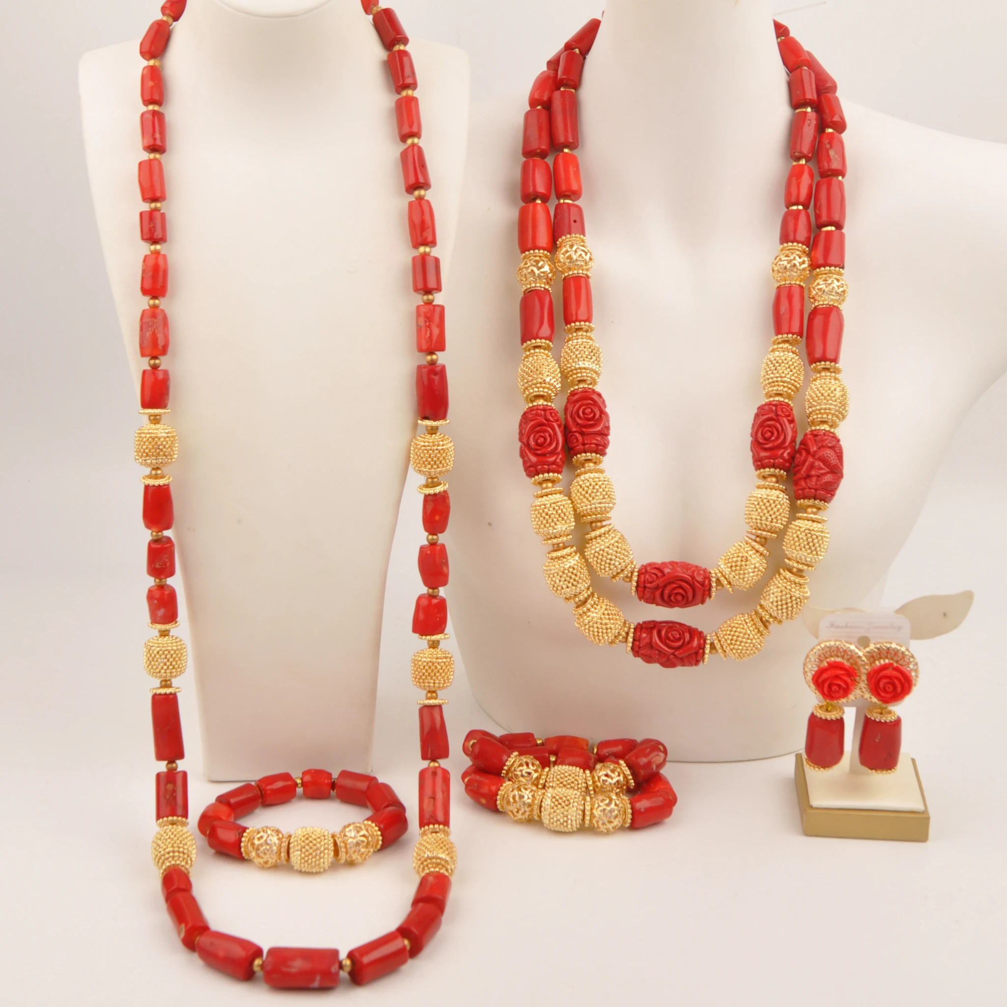 Red Nigerian Coral Beads African Wedding Couple Jewellry Sets