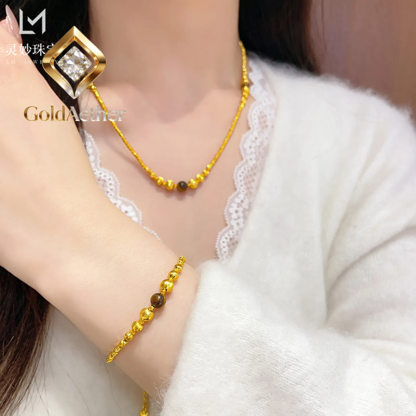 

GoldNouveau Cat Eye Fortune Bead Necklace & Bracelet Women's 24K Gold AU999 -Light luxury cat eye style, low-key glittering, for