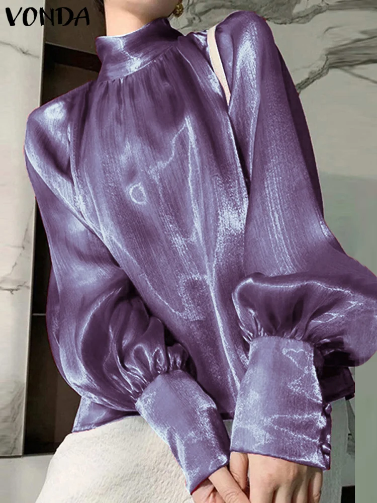

Plus Size 5XL VONDA Women Satin Shirts 2025 Bohemian Lantern Sleeve Blouses Vintage High Collar Tops Elegant Solid Color Blusas