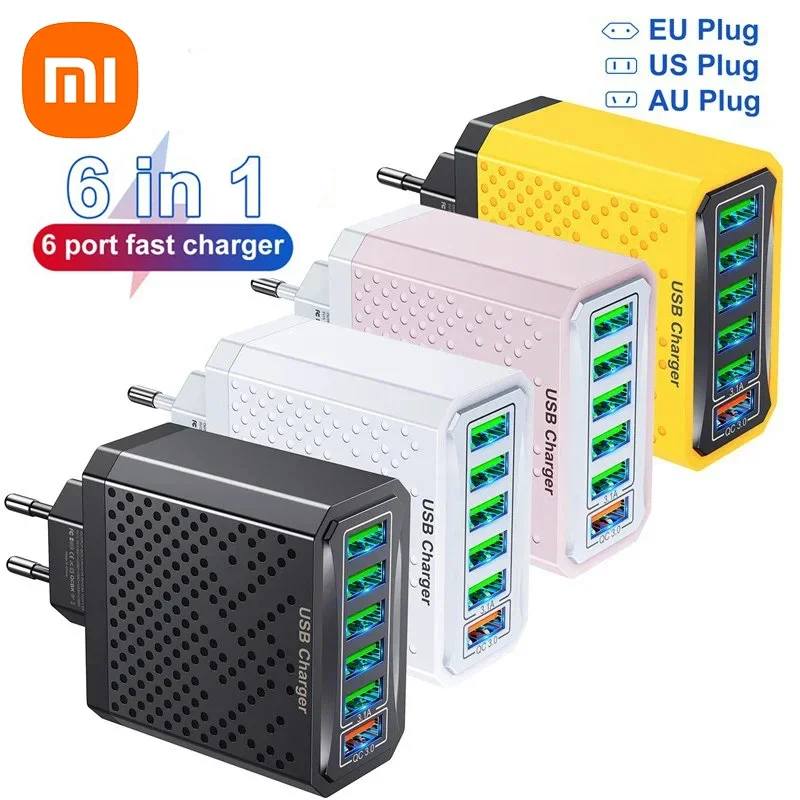 Xiaomi 6 In 1 USB Charger QC3.0 Fast Charging Quick Charger For Samsung S23 Mobile Phone Charge Adapter EU/KR/US/UK Plug