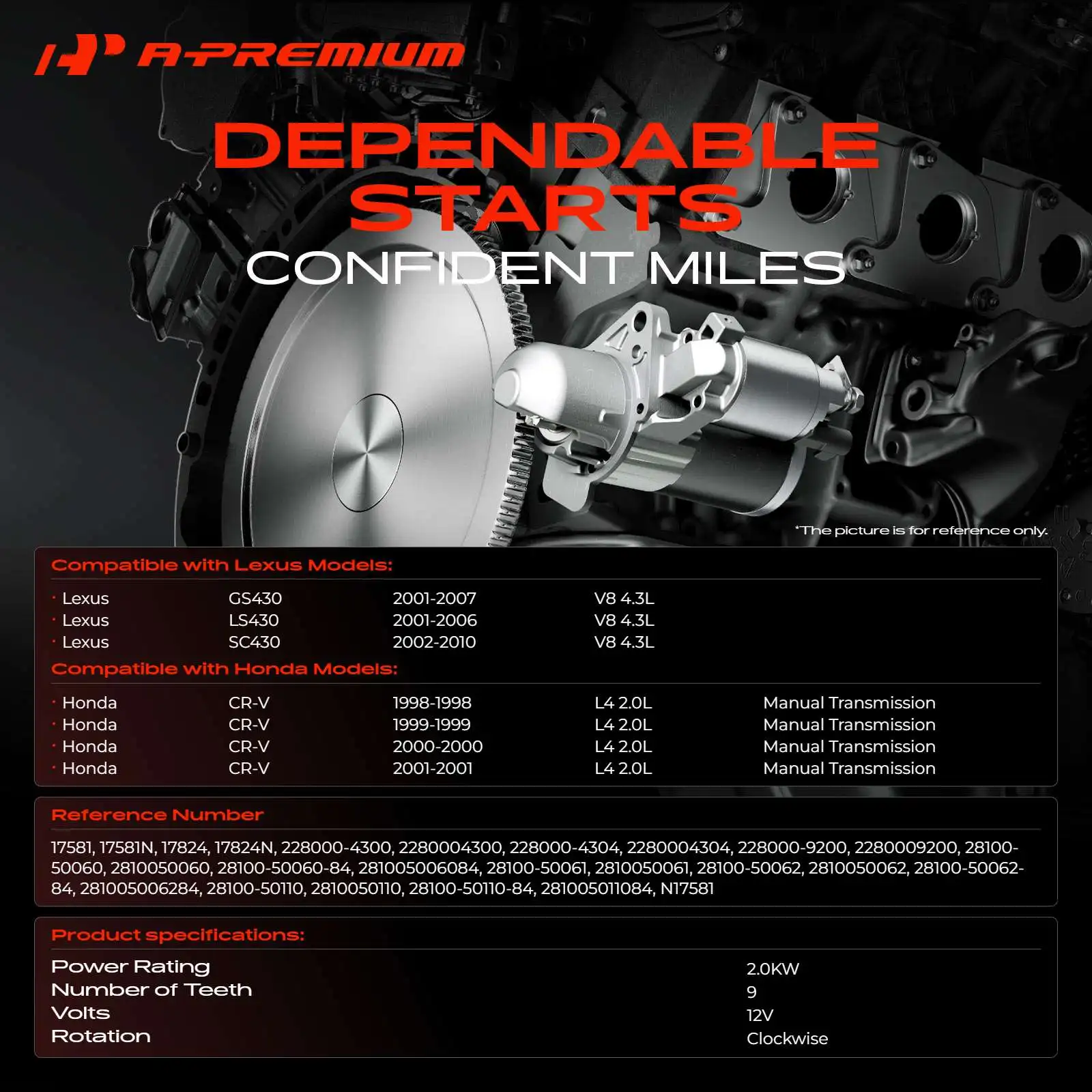 A-Premium Starter Motor for Lexus GS400 1998-2000 LS400 SC400 1995-2000