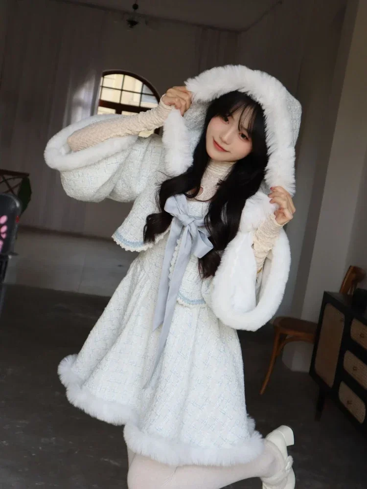 Small Chanel Style Two-piece Dress Female Elegant Hooded Jacket Sweet French Style Short Party Dress Female Japanese Lolita Suit