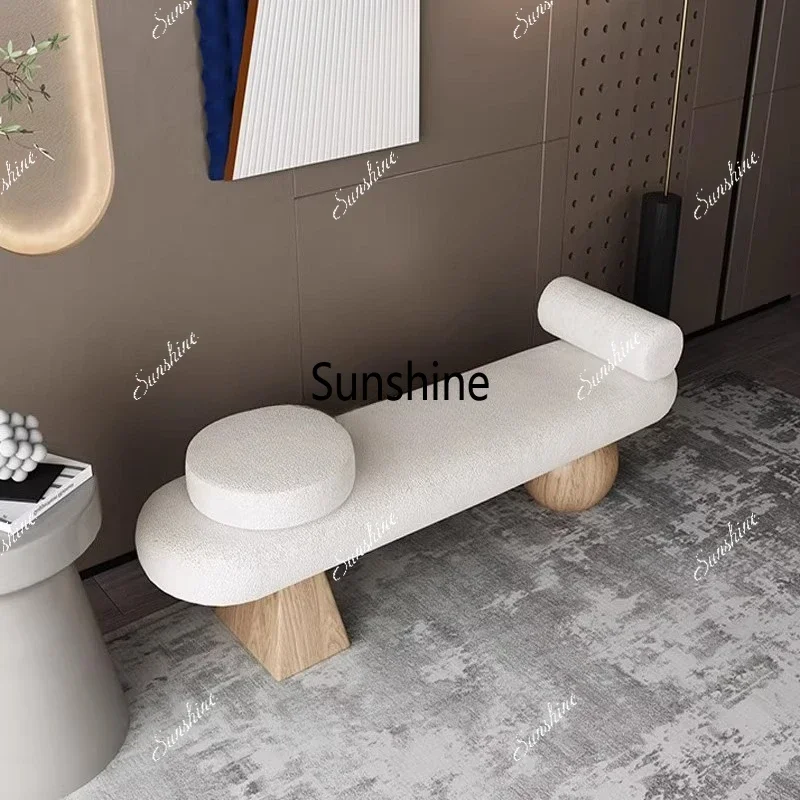 Banco de descanso nórdico de madera maciza para sala de estar, porche, recibidor, guardarropa, con asiento de lana creativo y estilo sofisticado.