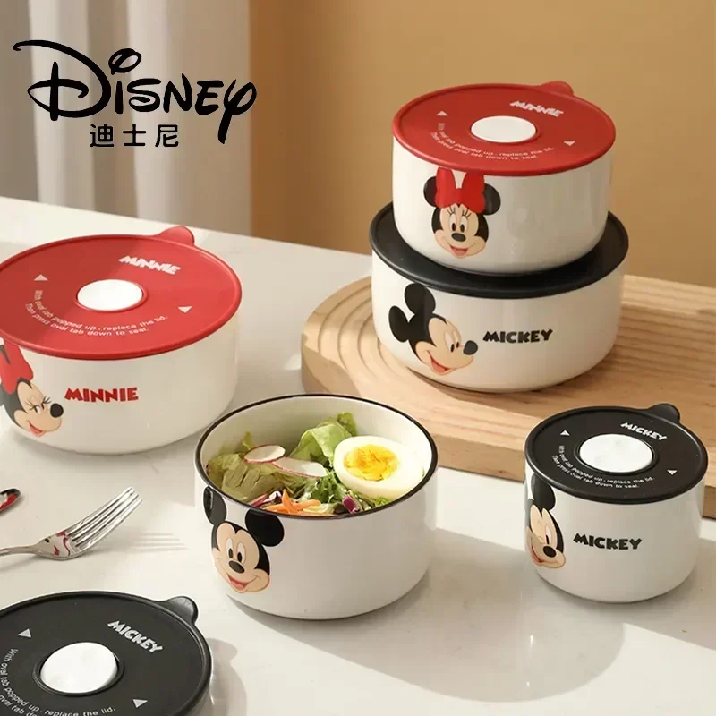 

New Disney Anime Mickey Mouse Minnie Mouse Cartoon Tableware Ceramic Bowl With Lid Microwave Oven Soup Bowl 3pcs Girls Gift Box