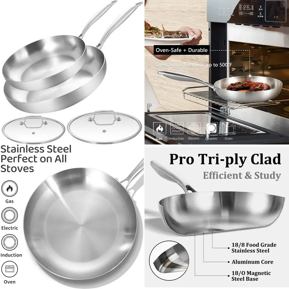 

Набор трехслойных сковородок из нержавеющей стали 10-12 дюймов с крышками, сковородой, индукционной посудой, можно мыть в посудомоечной машине и в духовке, подходит для