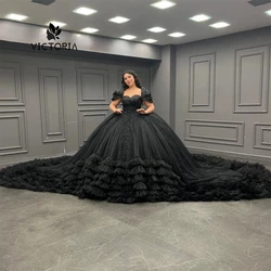 Glitter Black Beaded Tulle Ruched Train 15 years Quincenara Dresses Lace-up Corset  2024 Young Gir Prom Gown vestidos Customized