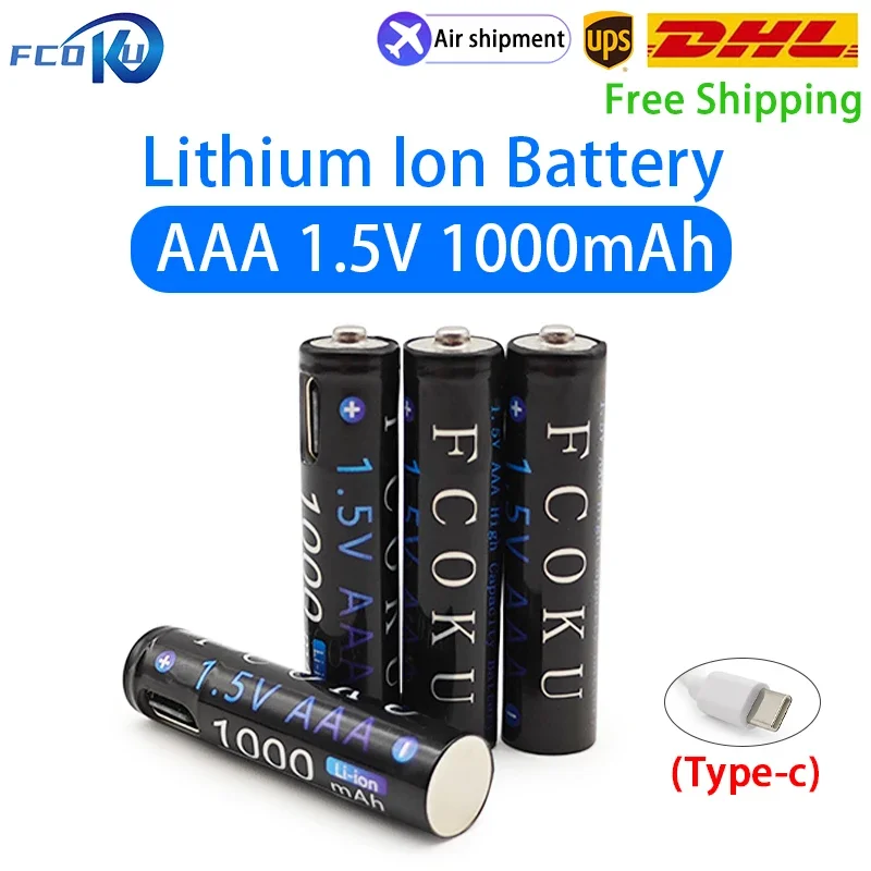 AAA 1.5V 1000mAh USB Rechargeable Li-ion Battery For MP3 Player Toy Clock Flashlight Shaver Wireless Mouse With Type-C Cable