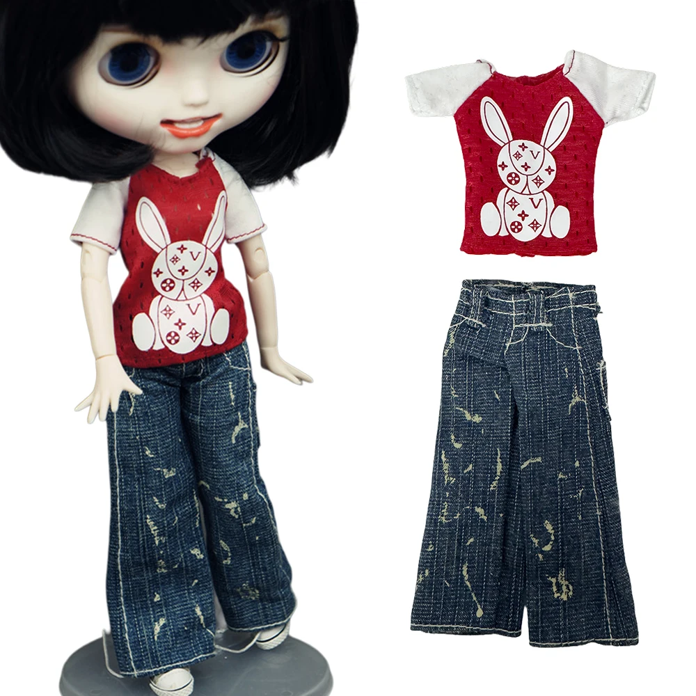 

NK 1 Set Doll Clothes Fashionable T-shirt + Jeans For Blythe Doll Clothes 0B24 Miniature Items Doll Accessories Christmas Toys