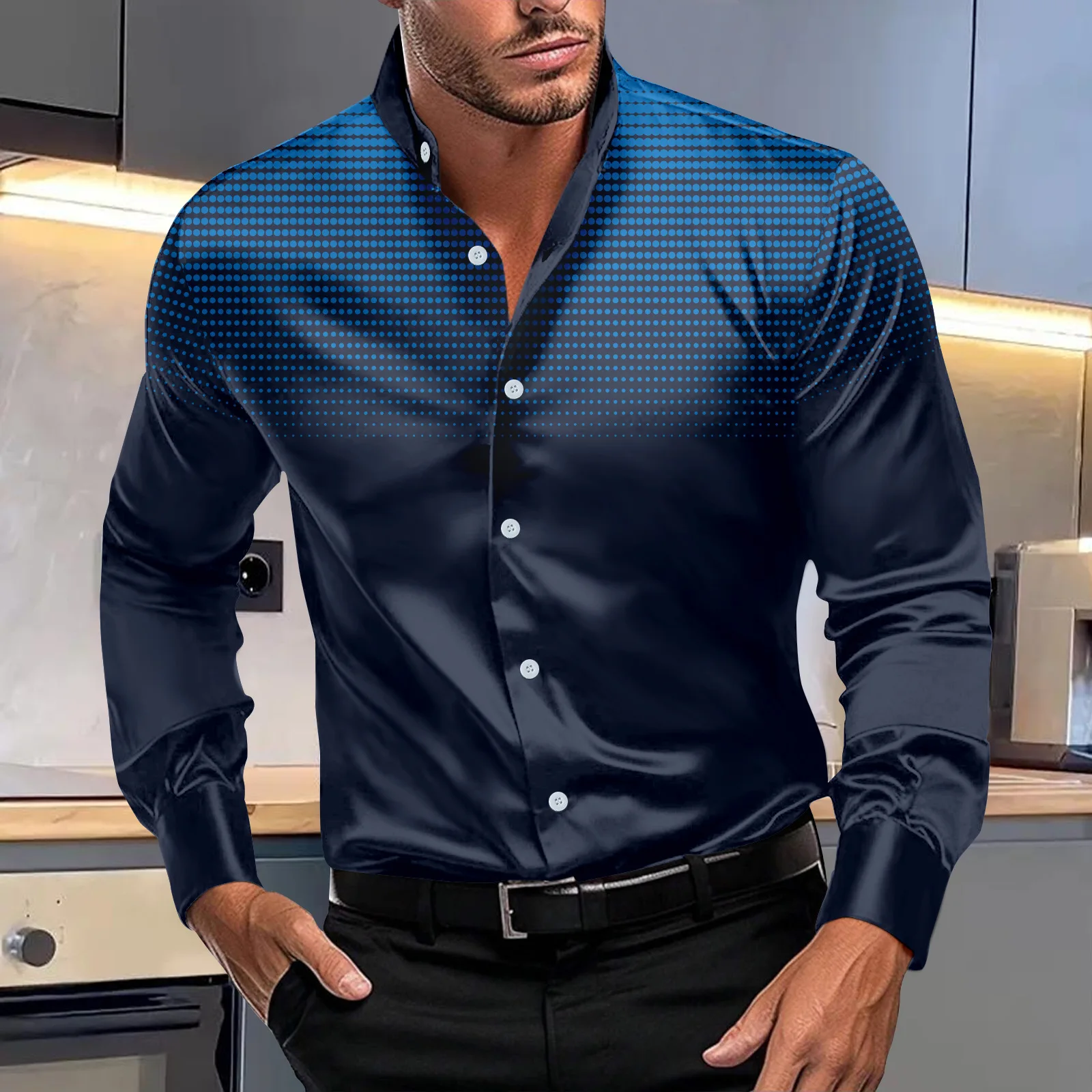 Camicia a maniche lunghe con colletto in piedi comoda stampa moda casual a pois elastici su quattro lati da uomo primavera e autunno