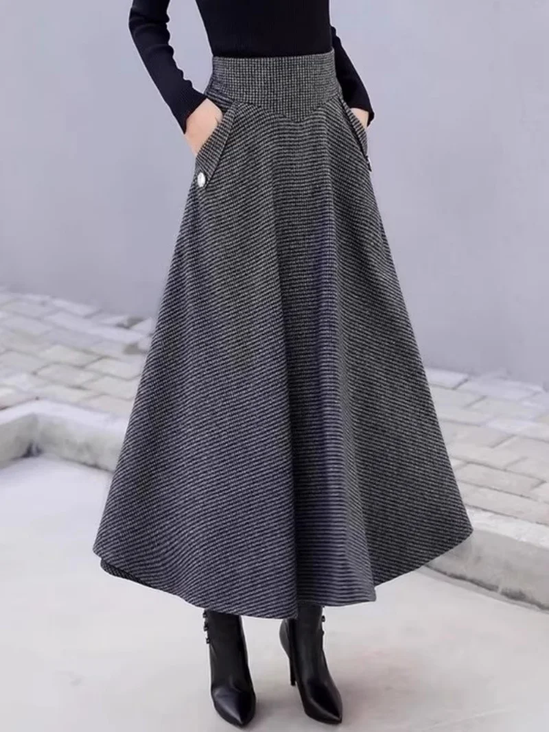 

Клетчатые винтажные шерстяные юбки для женщин, Новое поступление 2023 года, утолщенная юбка-миди трапециевидной формы с высокой талией, весна, осень и зима w1782