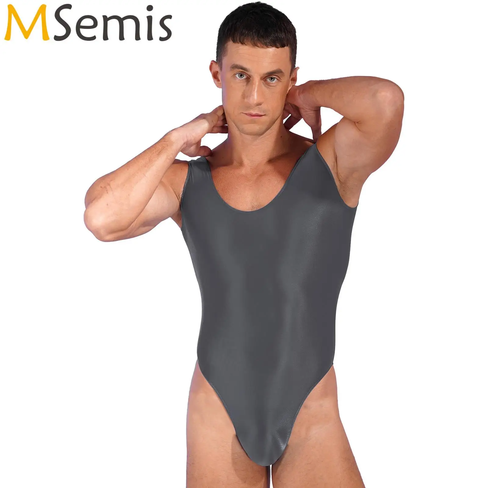 Costumi da bagno uomo lucido Backless body Pool Party costume intero taglio alto senza maniche body allenamento sportivo Yoga Fitness