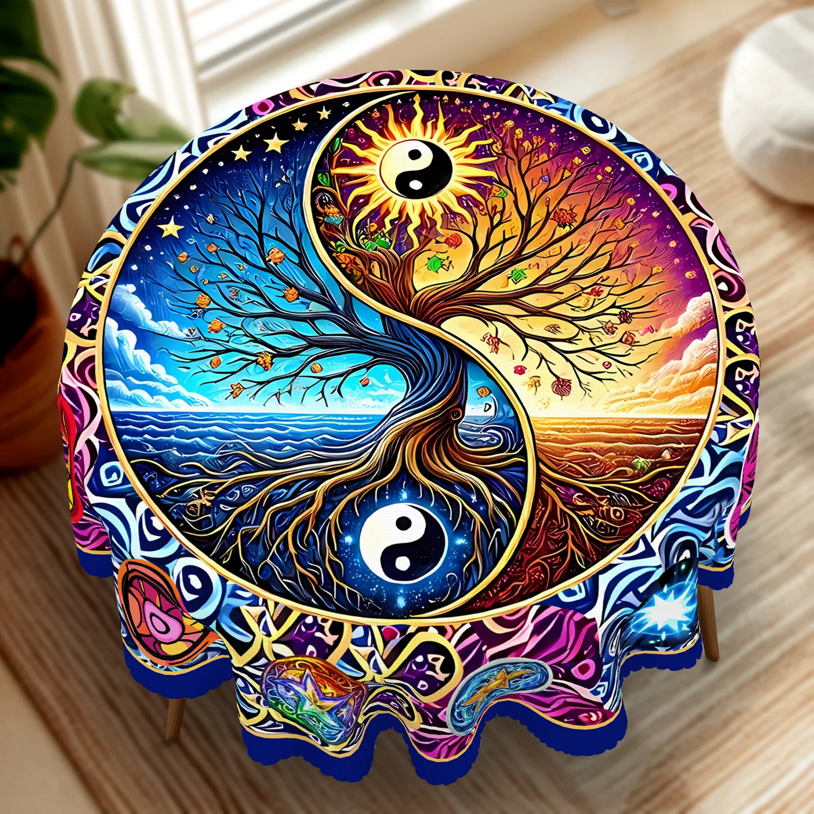 Mantel de poliéster con temática de árbol de la vida, exquisito diseño de árbol de la vida y las estrellas de Tai Chi, bordes en relieve, adecuado para mesas de comedor rectangulares y redondas, mesa de comedor para el hogar