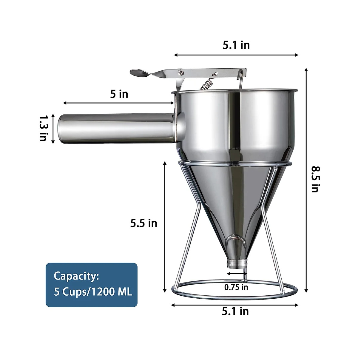 Dispensador de massa de panqueca, dispensador de bolo de funil de aço inoxidável multi com suporte ótimo para panquecas, cozido