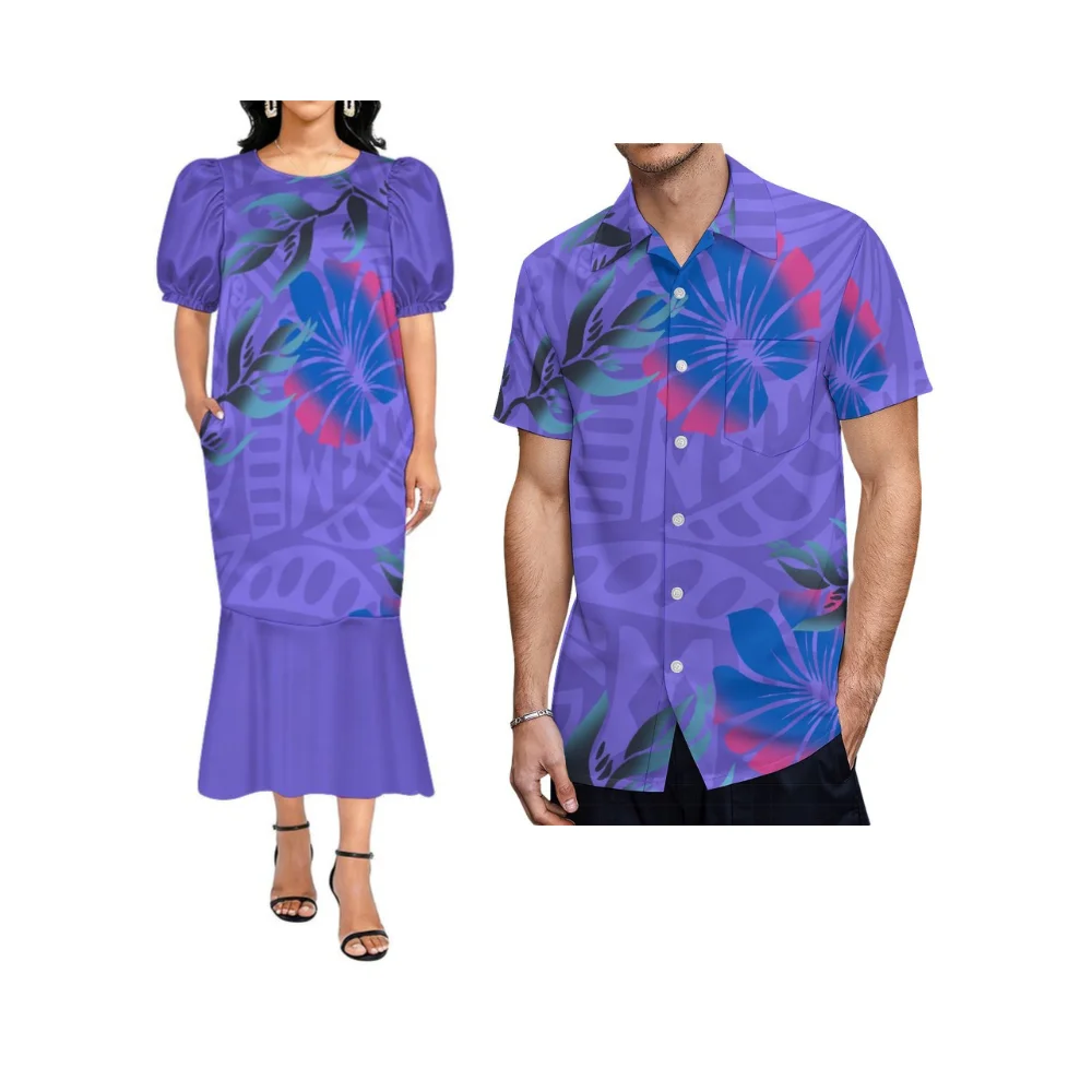 Floral Print Custom-Made Couple'S Dress With Pattern Polynesian Elegant Mumu Style Dress With Pocket And Long Ruffled Skirt