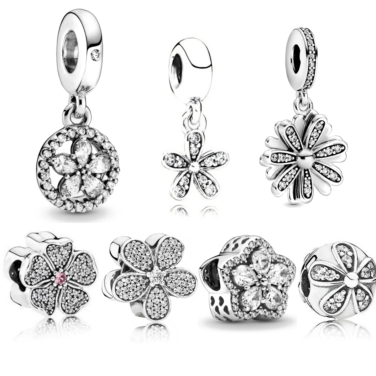 

High Quality Original Charms 925 Silver Sparkling Daisy Flower Dangle Charm Bead Fit DIY Bracelet Trinket For Women Jewelry